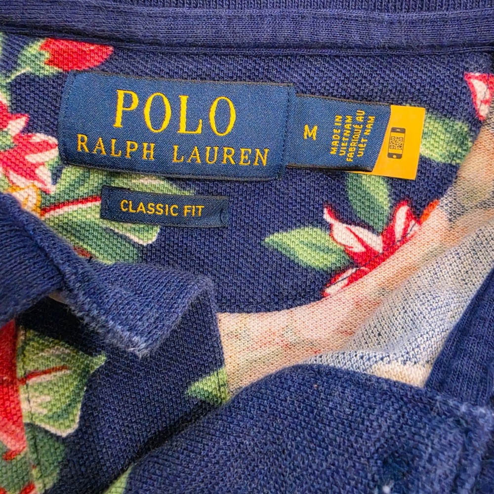 Polo Ralph Lauren Mens Polo Shirt Navy Blue Floral Tropical Print Medium - Picture 5 of 7